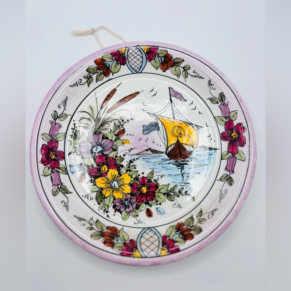 Vintage Hand Painted Floral Sailboat Wall Plate Thailand